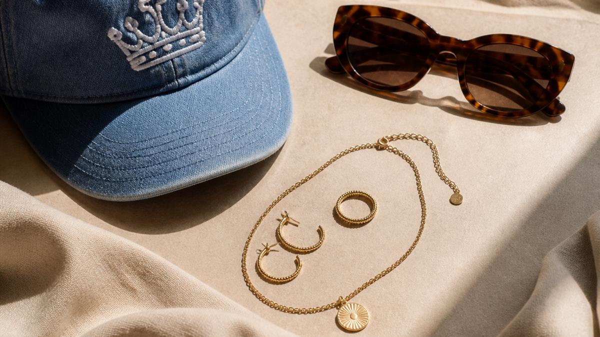 Flat lay of curated fashion accessories including a blue embroidered crown cap, designer tortoise-shell sunglasses, and minimalist gold jewelry arranged on a neutral surface with soft natural lighting