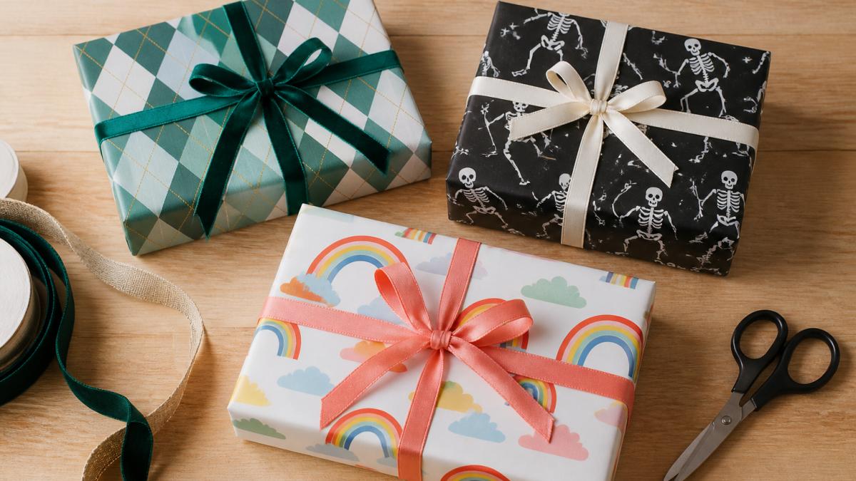 A flat-lay photograph of three wrapped gifts on a light wood table, each using a different modern design: a green geometric argyle pattern, a black-and-white hand-drawn skeleton motif, and a colorful rainbow-and-cloud print, with ribbons and scissors nearby