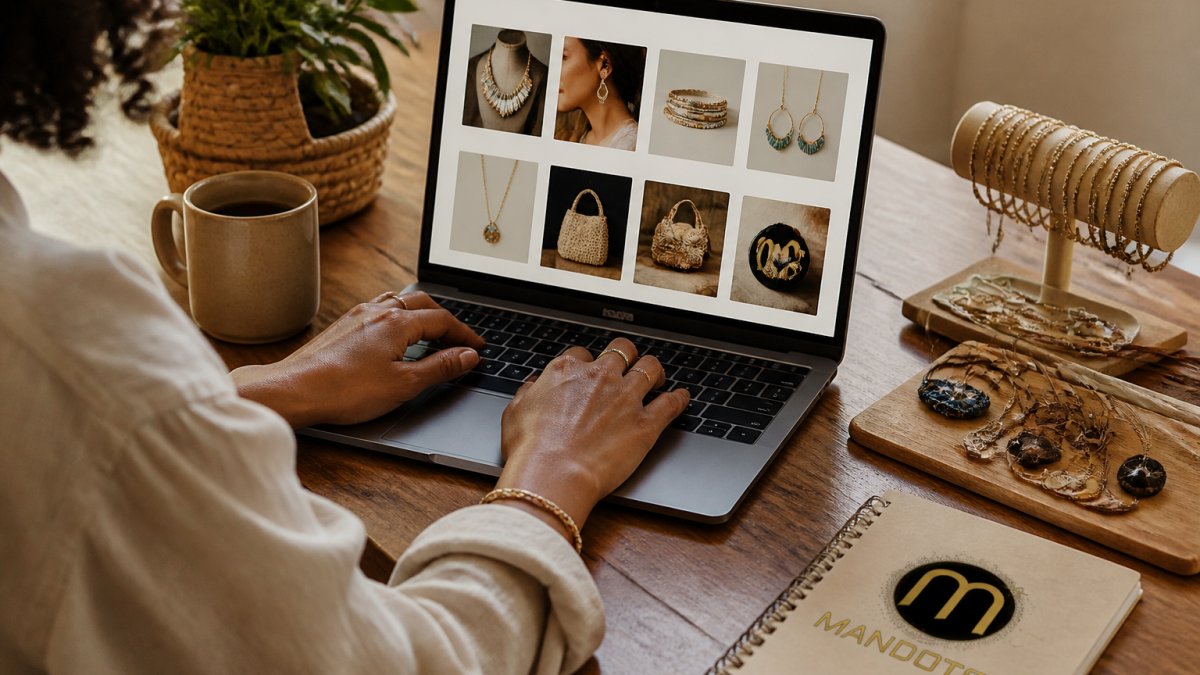 Close-up of hands browsing artisan marketplace on a laptop screen, with handcrafted jewelry and accessories visible in product listings, warm desk lighting