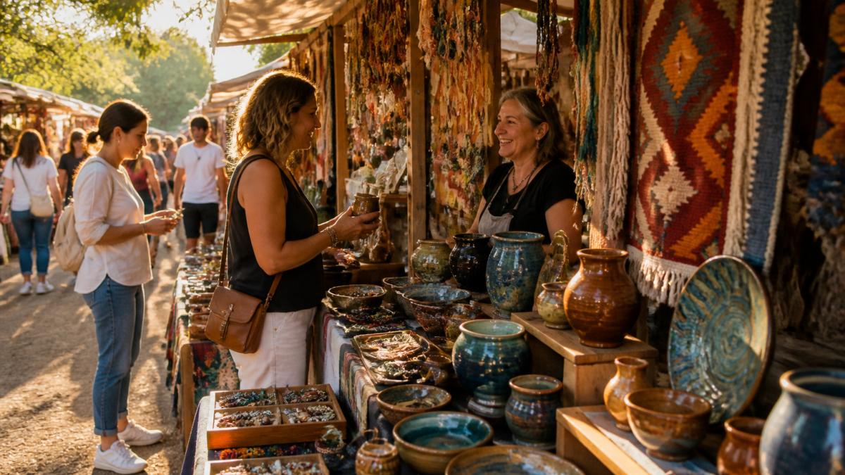 A bustling outdoor craft market with wooden stalls displaying pottery, woven textiles, and jewelry, shoppers browsing and talking with artisans in warm afternoon light