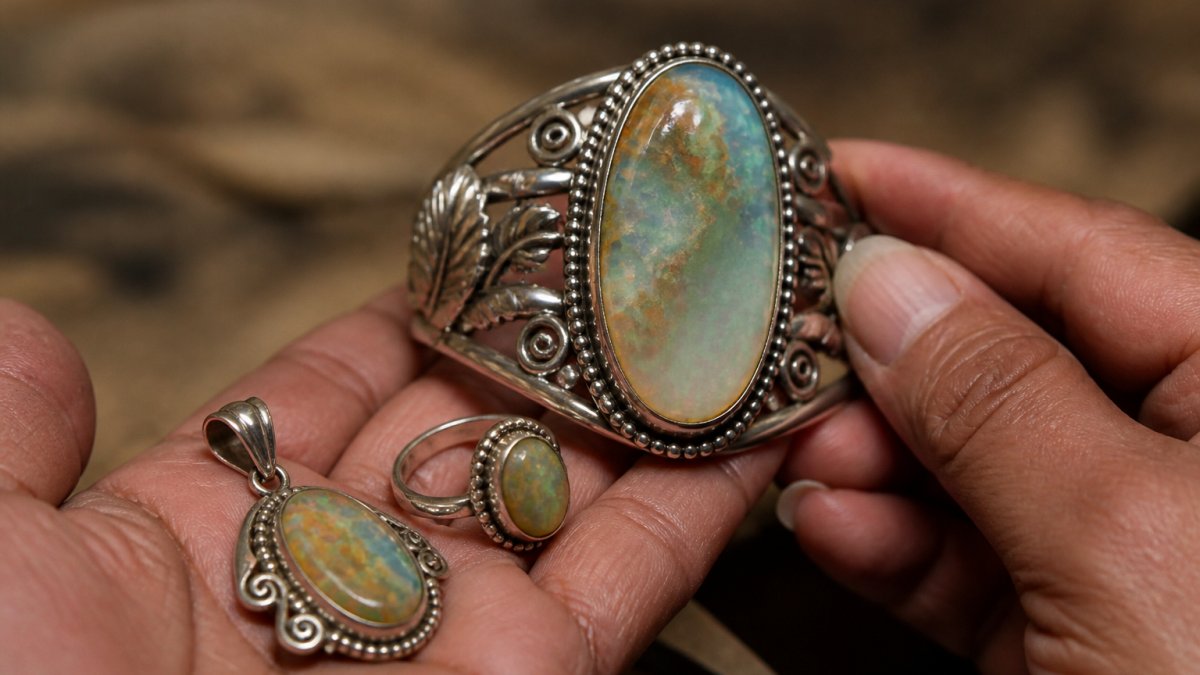 Close-up of artisan hands holding handcrafted sterling silver jewelry with genuine gemstones, showing intricate detail work and the natural color play of Andean opal stones under studio lighting