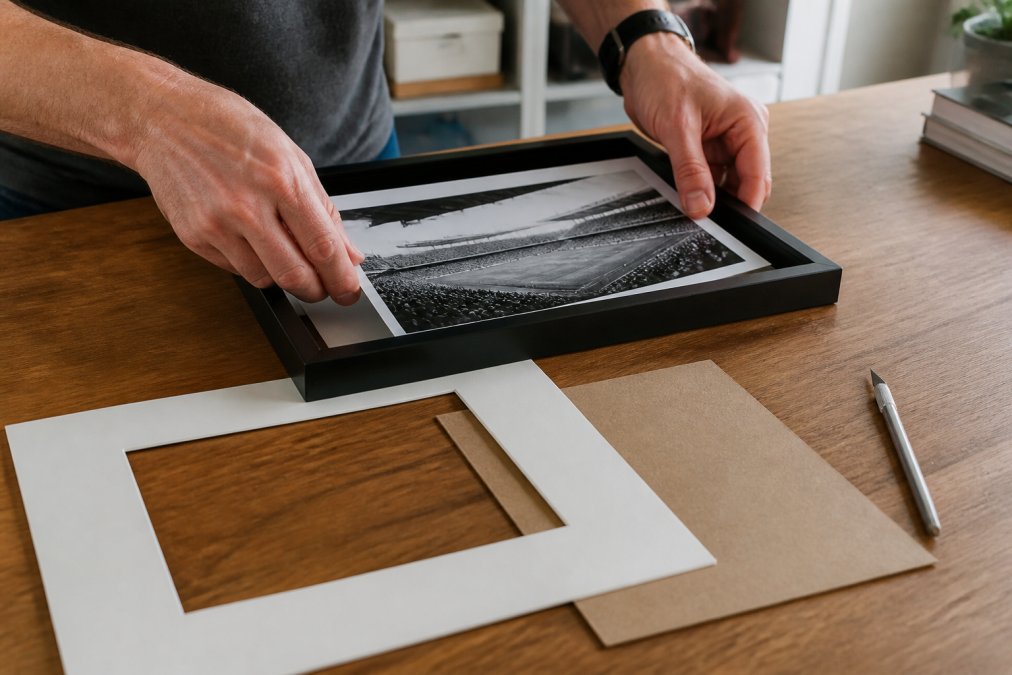 Close-up of a person's hands in a home workspace carefully placing a black-and-white football stadium photograph into a black wooden frame, with a mount board, backing board and craft knife on the table beside them