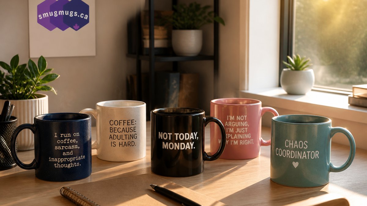 Colorful ceramic mugs with witty sayings displayed on a modern office desk with a fresh coffee cup and morning sunlight streaming through the window