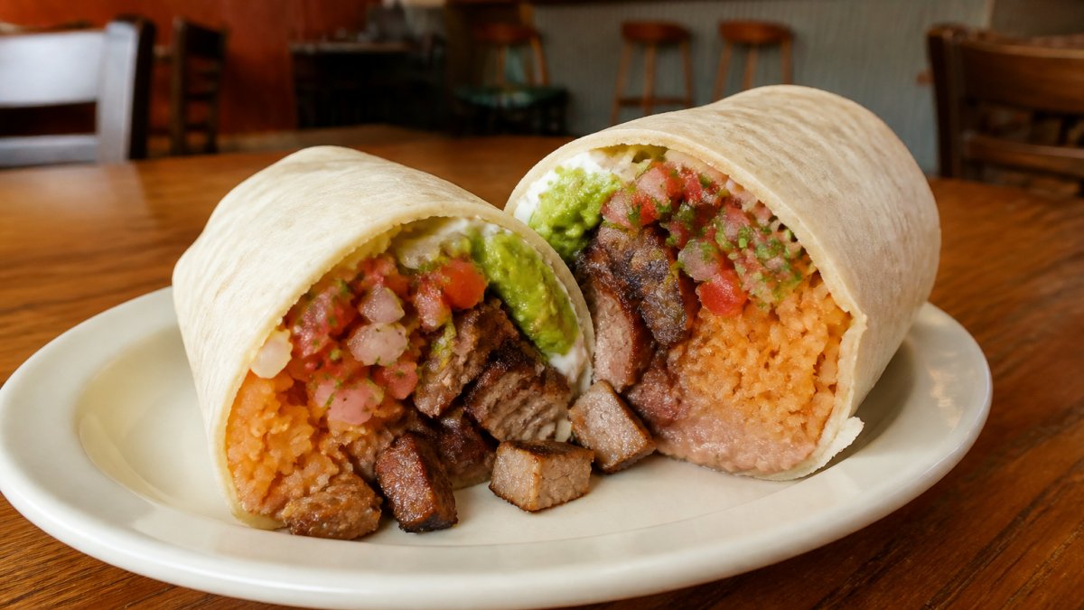 A freshly prepared burrito on a plate with grilled carne asada meat, creamy beans, fluffy rice, and vibrant toppings like fresh salsa and guacamole, photographed in a casual neighborhood taquería with warm lighting and rustic wooden tables