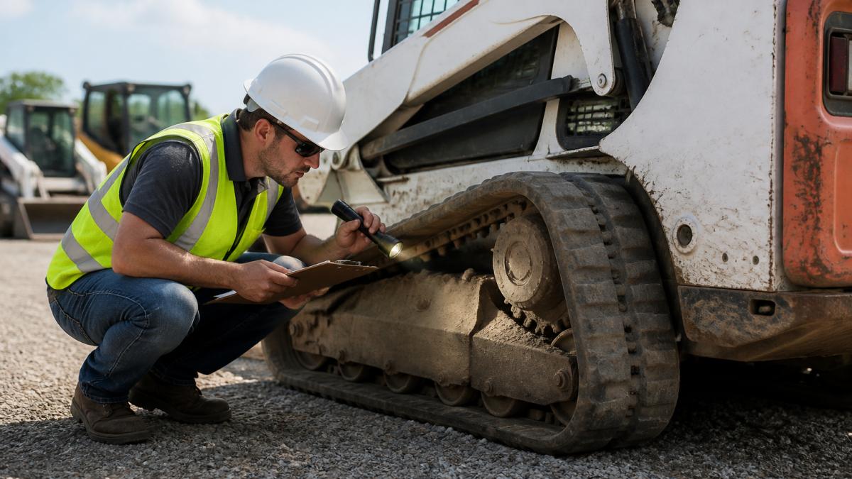 Inspector in safety gear examining the undercarriage of used skid steers with a flashlight and clipboard