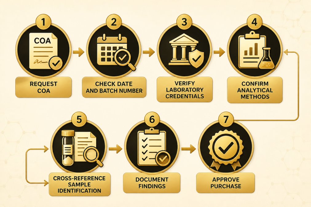 Where to Get Verified Peptide Reports: A Step-by-Step Guide Flowchart showing verification steps: Request COA → Check date and batch number → Verify laboratory credentials → Confirm analytical methods → Cross-reference sample identification → Document findings → Approve purchase