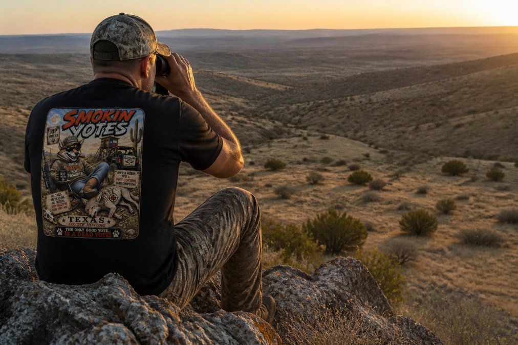 A hunter in full camo gear glassing open rangeland at dawn from a rocky ridge, with rolling hills, sparse sagebrush, and golden morning light stretching across the background