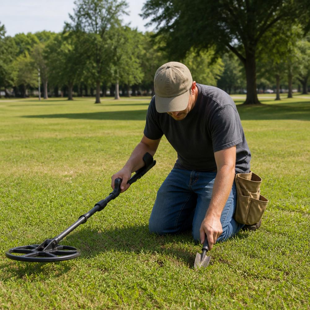 A beginner metal detectorist kneeling on a grassy field in a sunny public park, holding a metal detector coil close to the ground while using a small hand digger to probe the soil, with a canvas finds pouch on their belt
