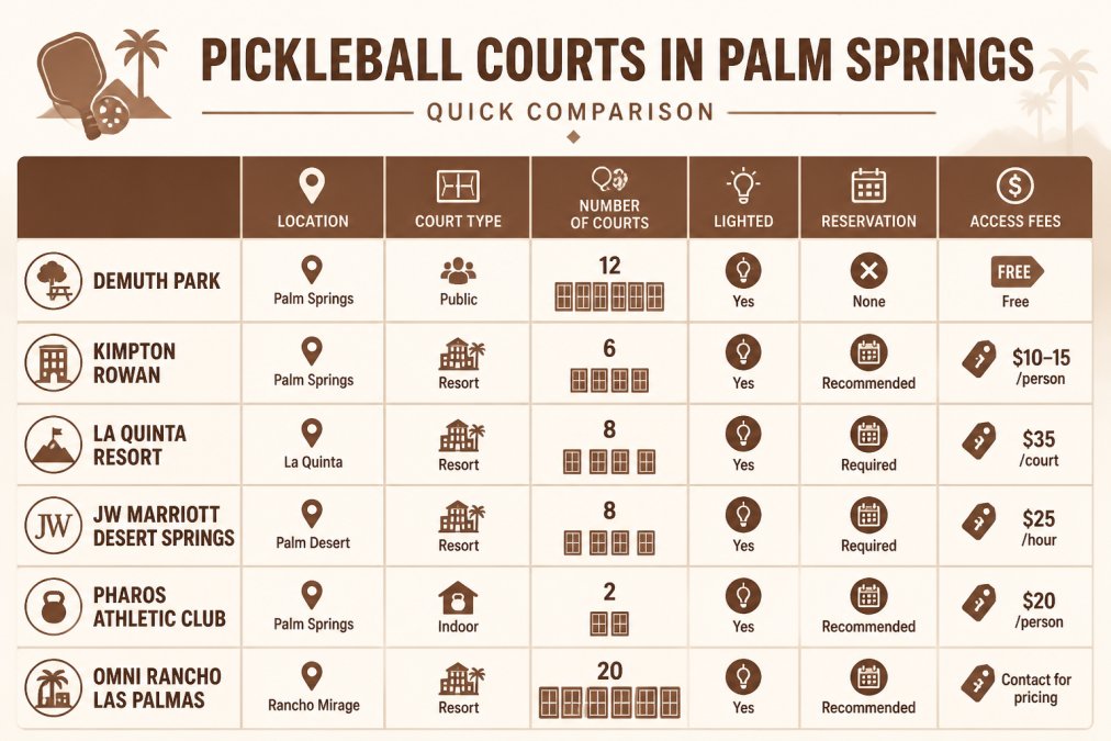 Comparison matrix showing court type (public/resort/indoor), location, number of courts, lighted availability, reservation options, and access fees for Demuth Park (free, 12 courts), Kimpton Rowan ($10-15/person, 6 courts), La Quinta ($35/court, 8 courts), JW Marriott ($25/hour, 8 courts), Pharos Athletic Club ($20/person, 2 courts), and Omni Rancho Las Palmas (contact for pricing, 20 courts)