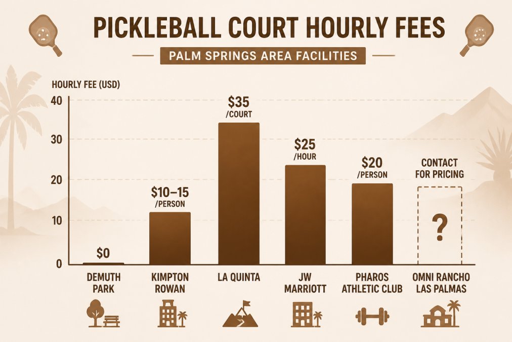 Bar chart comparing hourly court fees across facilities: Demuth Park (free), Kimpton Rowan ($10-15/person), La Quinta ($35/court), JW Marriott ($25/hour), Pharos Athletic Club ($20/person), and Omni Rancho Las Palmas (contact for pricing)