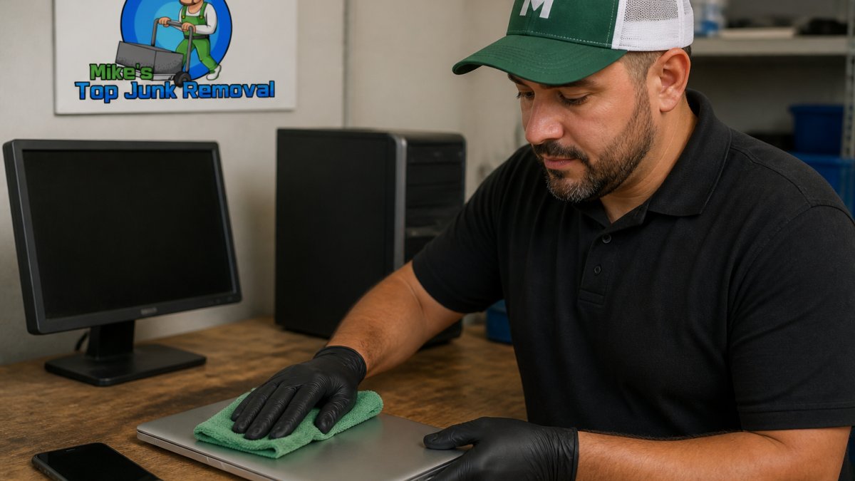 Hands carefully wiping down a laptop with a microfiber cloth, with a smartphone and old monitor visible on a workbench in the background