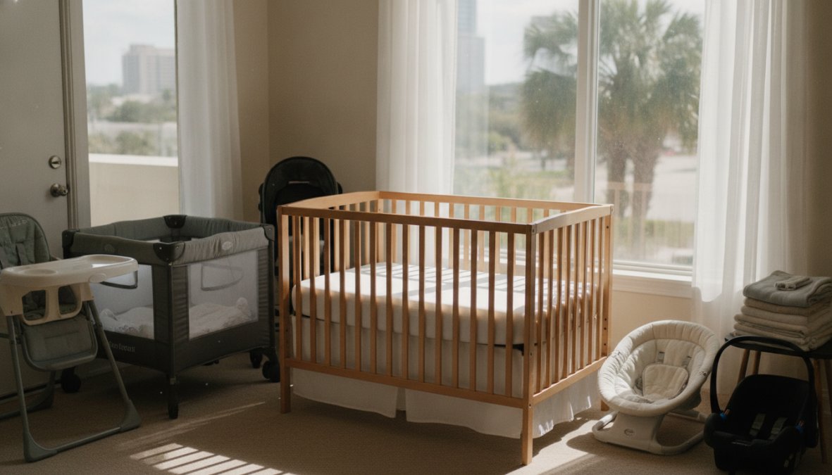 A bright, welcoming vacation rental bedroom with a pristine white crib, modern stroller, and high chair arranged neatly near windows with ocean views, sunlight streaming in