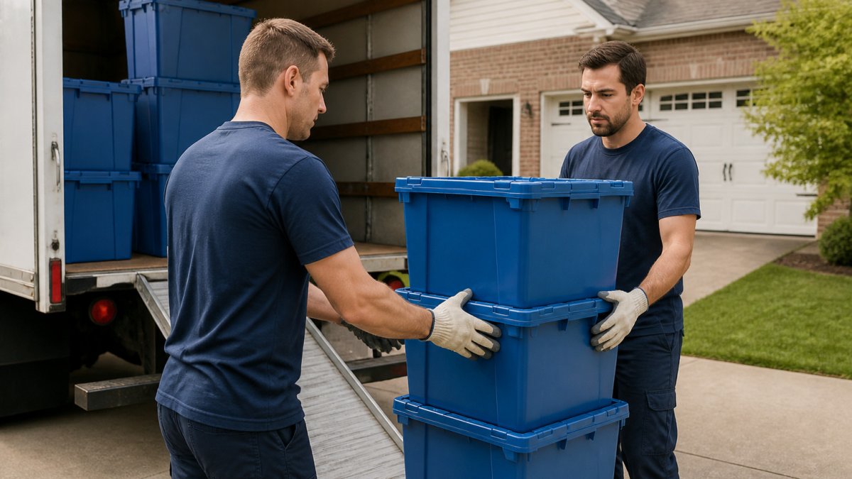 Movers stacking blue plastic bins to rent moving totes by a truck