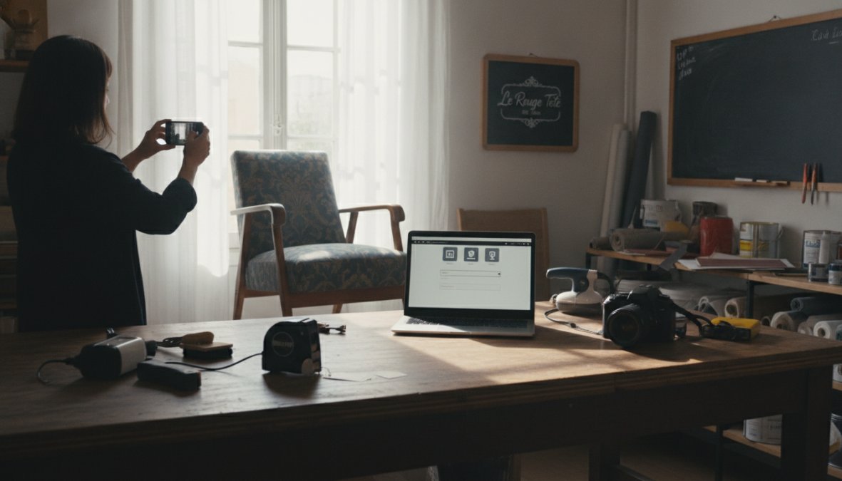 Person photographing a used wooden dining table from multiple angles with natural window lighting, adjusting the camera angle to capture details and wood grain