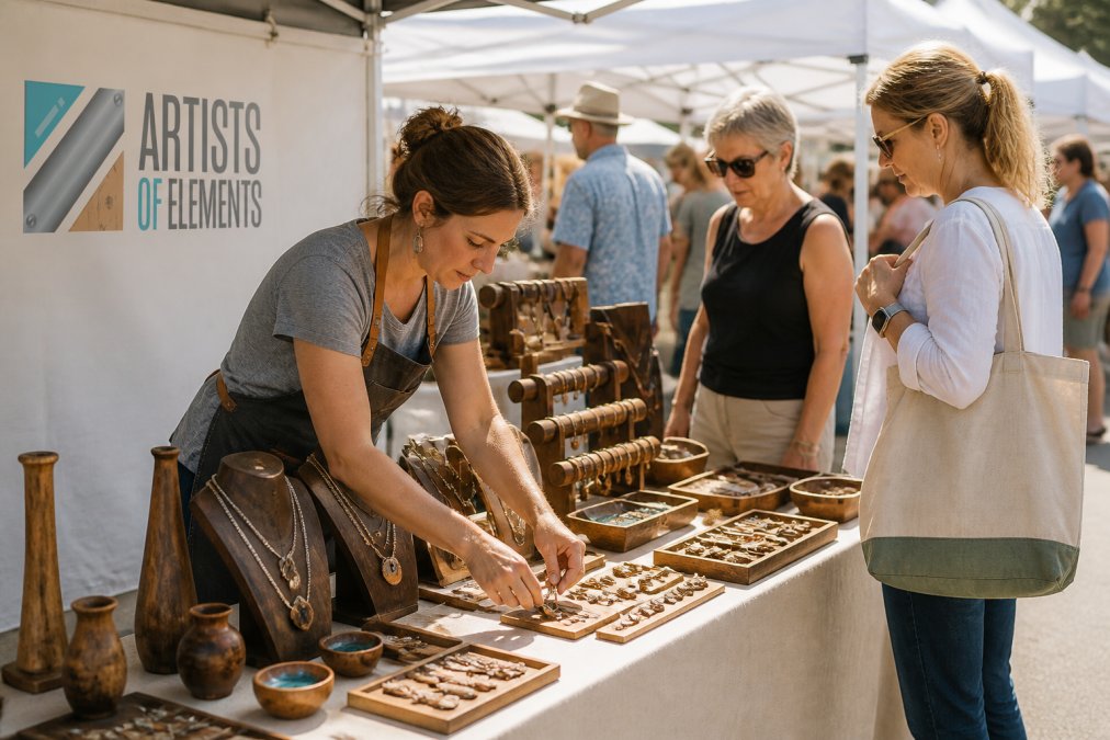 A maker arranging handmade jewelry and wood crafts on a table at an outdoor craft fair, with shoppers browsing in the background under warm afternoon light