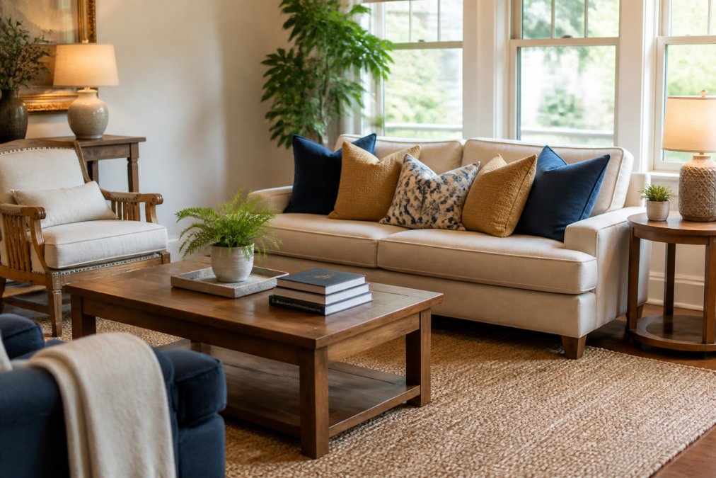 Well-lit living room with furniture arranged to show scale and style, featuring a neutral sofa with colorful throw pillows, a wooden coffee table with books and a plant, and natural light streaming through large windows