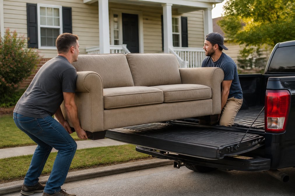 Two people safely moving a large upholstered sofa into a truck bed using proper lifting technique, with one person at each end and knees bent, natural daylight in residential driveway