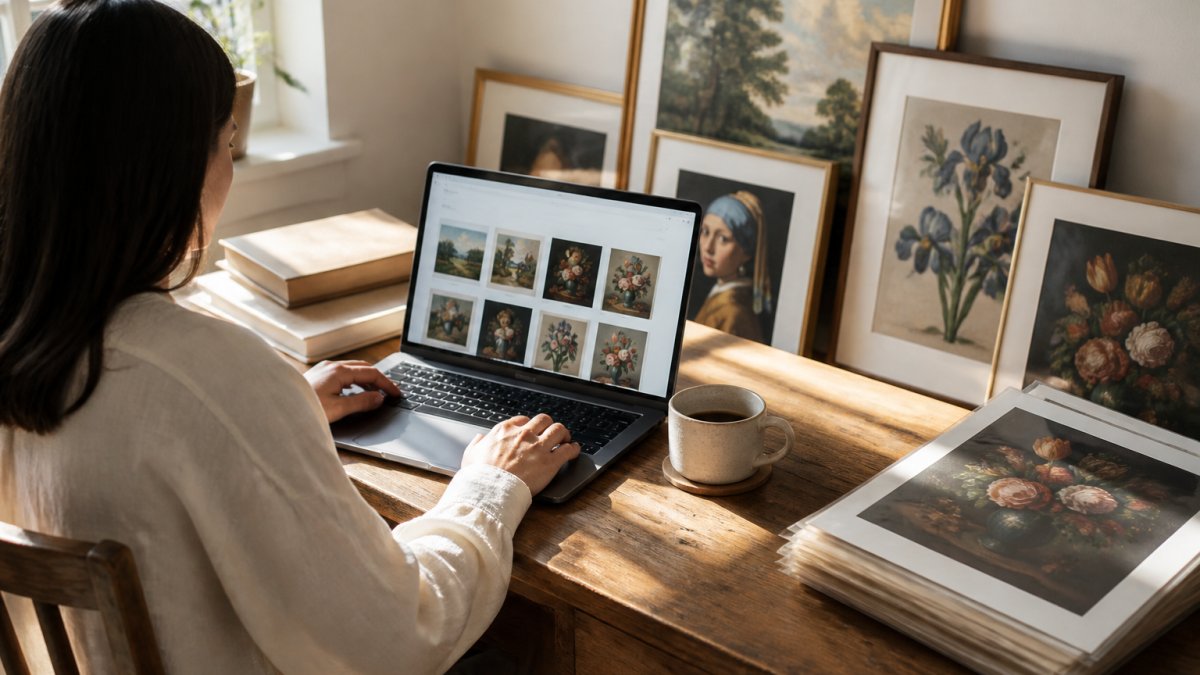 Person sitting at a wooden desk browsing for art history gifts on a laptop with framed prints and coffee nearby.