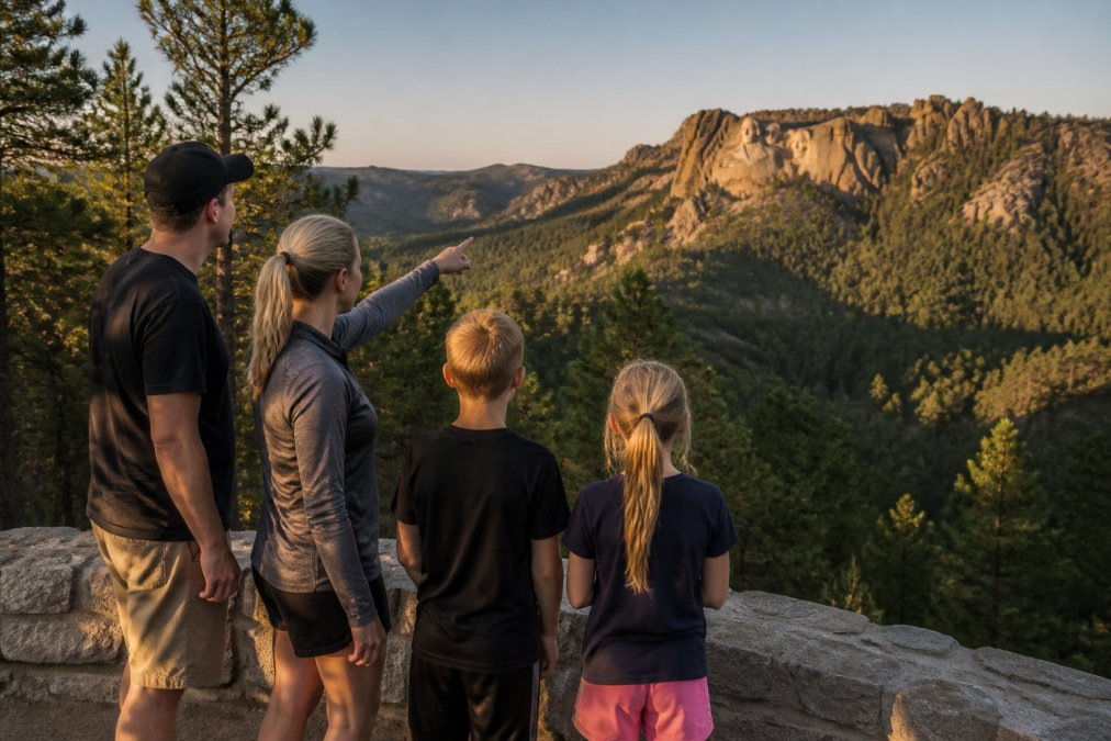 A family with school-aged children standing at a scenic overlook in the Black Hills at golden hour, pine trees and granite peaks in the background, pointing toward a distant mountain carving