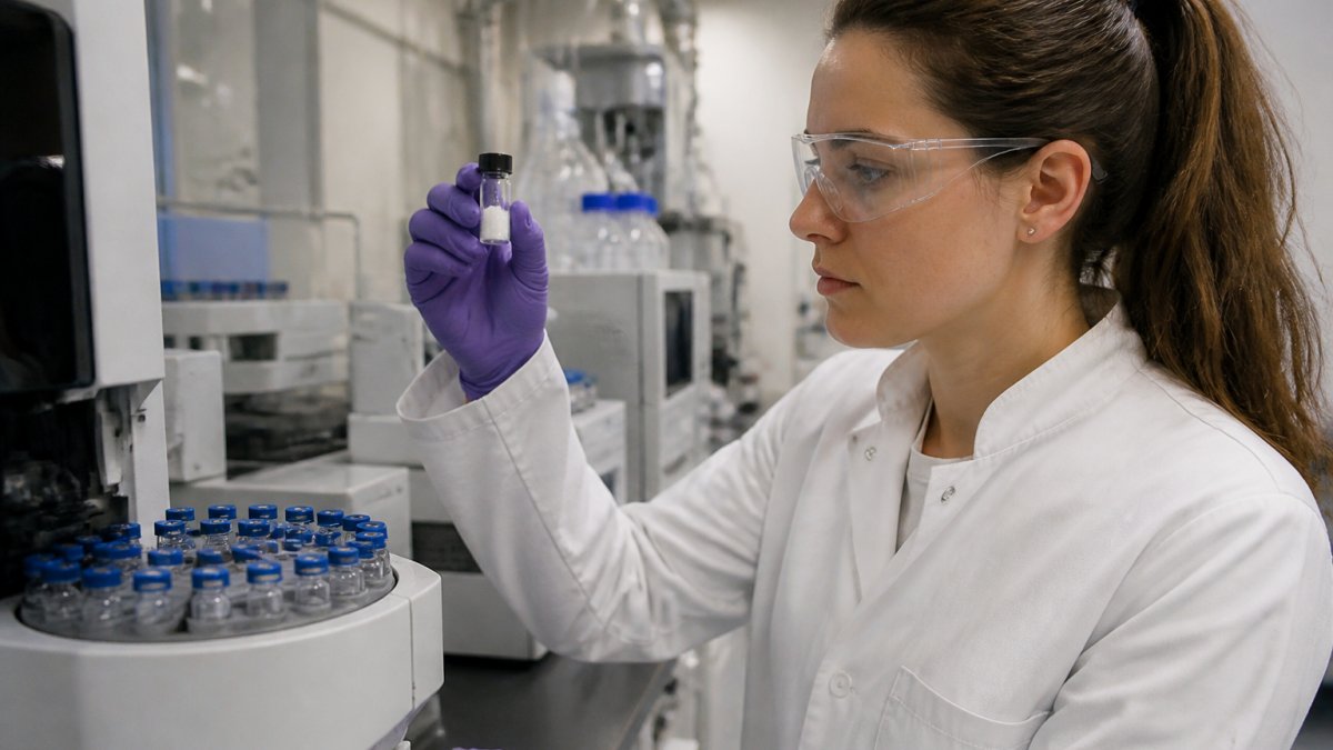 Professional laboratory technician in white coat examining a peptide sample in a clear vial under bright laboratory lighting, with analytical instruments and computer monitors visible in the background