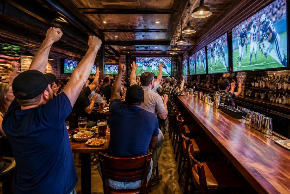 A lively sports bar interior with multiple large screens showing a football game, groups of fans cheering at high-top tables, warm overhead lighting, and a long wooden bar with stools