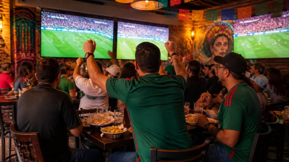 Vibrant sports bar interior with multiple large LED screens displaying soccer matches, groups of fans gathered around high-top tables with food and drinks, energetic game-day atmosphere with warm lighting