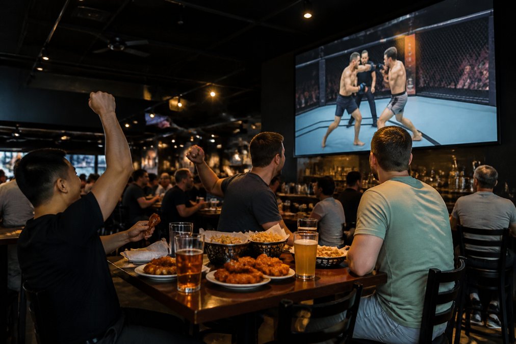Infographic showing where to watch UFC in Gwinnett at Crowne Sports Bar with food, drink, and screen options.