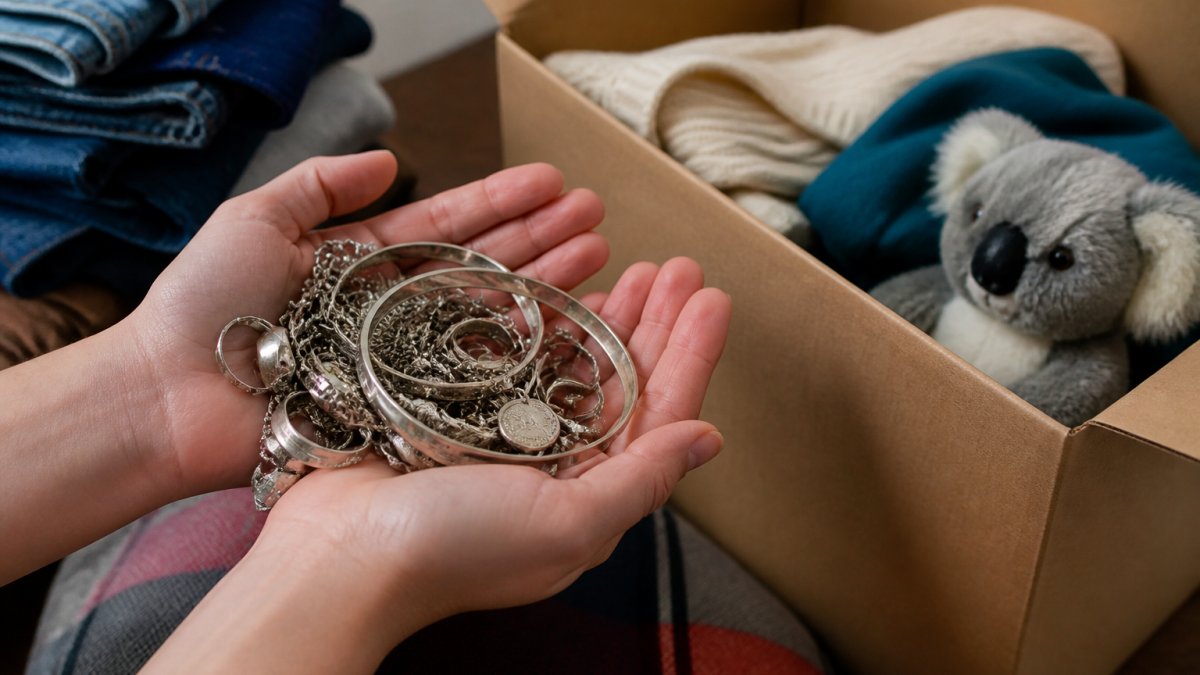 Close-up of someone's hands holding a collection of silver jewelry pieces, including necklaces, bracelets, and rings, with a donation box visible in the background