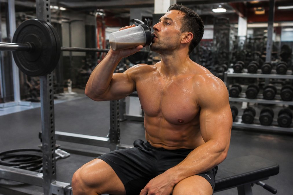 Fit athlete drinking a protein shake immediately after completing a heavy barbell lift in a modern gym, with dumbbells and equipment visible in the background