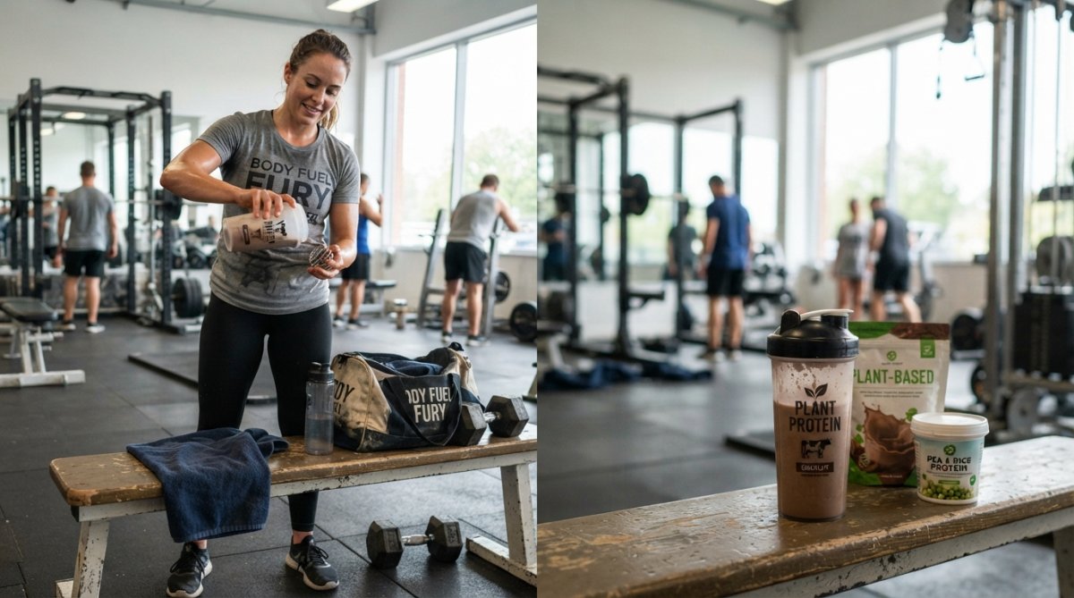 A gym-goer in a t-shirt mixing a chocolate protein shake in a shaker bottle, standing next to a bench with a towel and gym bag in a brightly lit gym