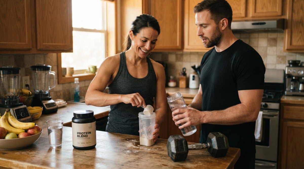 Protein powder scoops in a shaker bottle next to a dumbbell for whey vs casein fat loss preparation