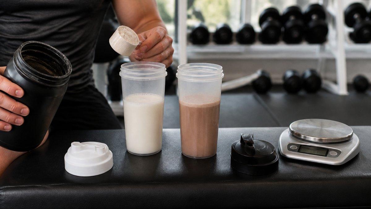 Two shaker cups side by side on a gym bench, one filled with a creamy whey shake and one with a plant protein shake, a scoop and a kitchen scale nearby in a bright weight room