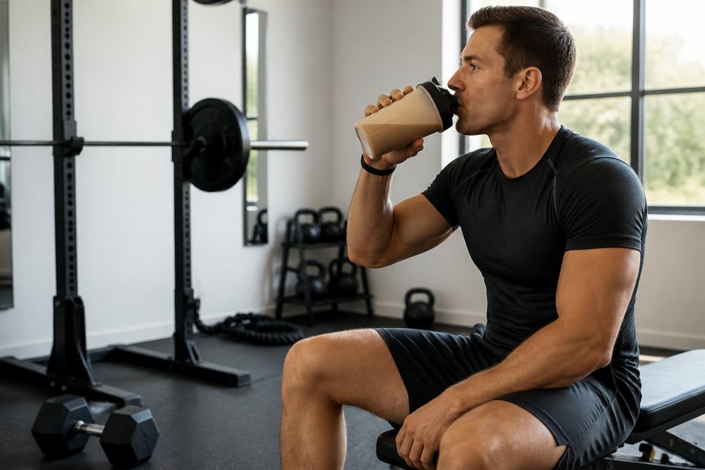 Person drinking a protein shake immediately after completing a workout in a modern home gym with natural morning light streaming through windows