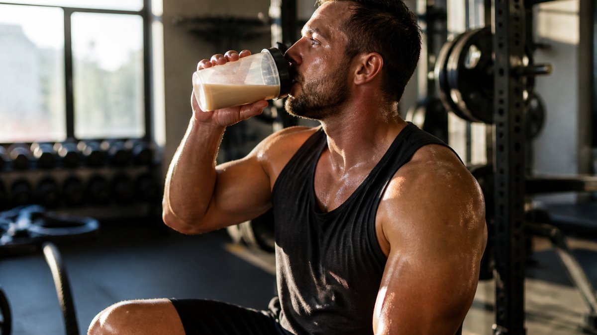 Athlete drinking protein shake immediately after intense resistance training session in gym with natural lighting and sweat visible on skin
