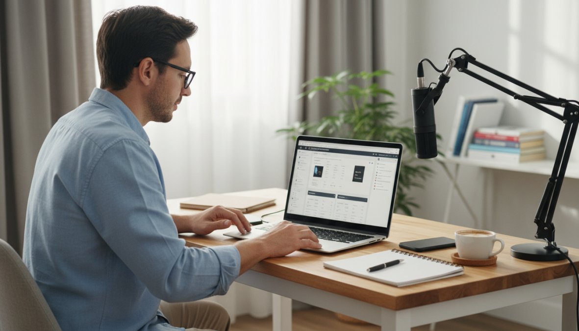 A focused content marketer reviewing SEO analytics and blog drafts on a laptop in a clean modern home office setup, warm natural light coming through a window, coffee cup on desk, notebook open beside the keyboard