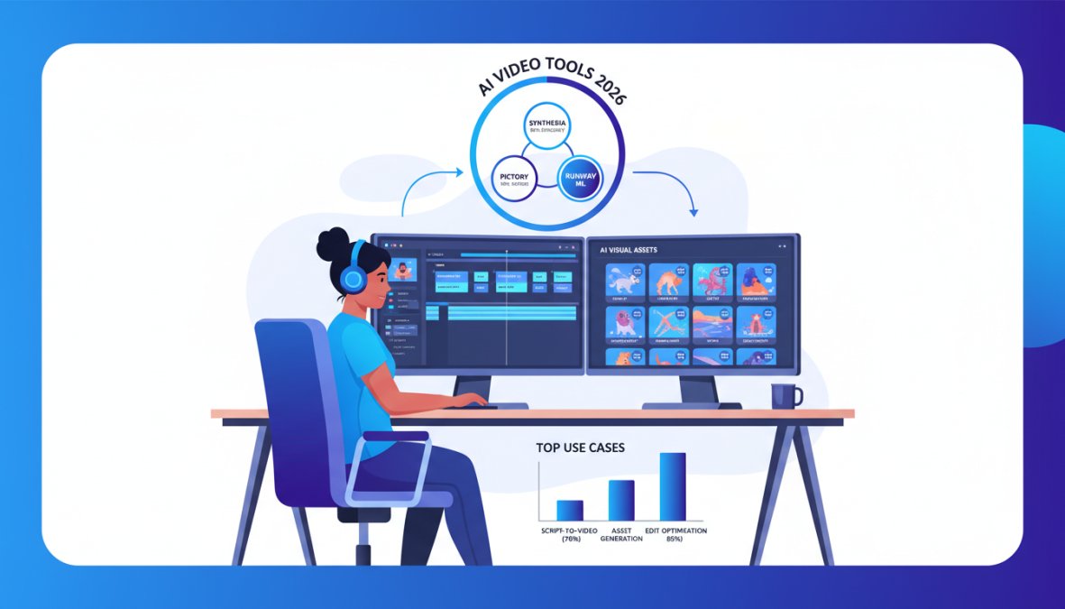 A video content creator sitting at a professional desk with dual monitors showing video editing software and AI-generated visual assets, professional LED lighting setup, microphone visible, dark background with warm desk lamp glow