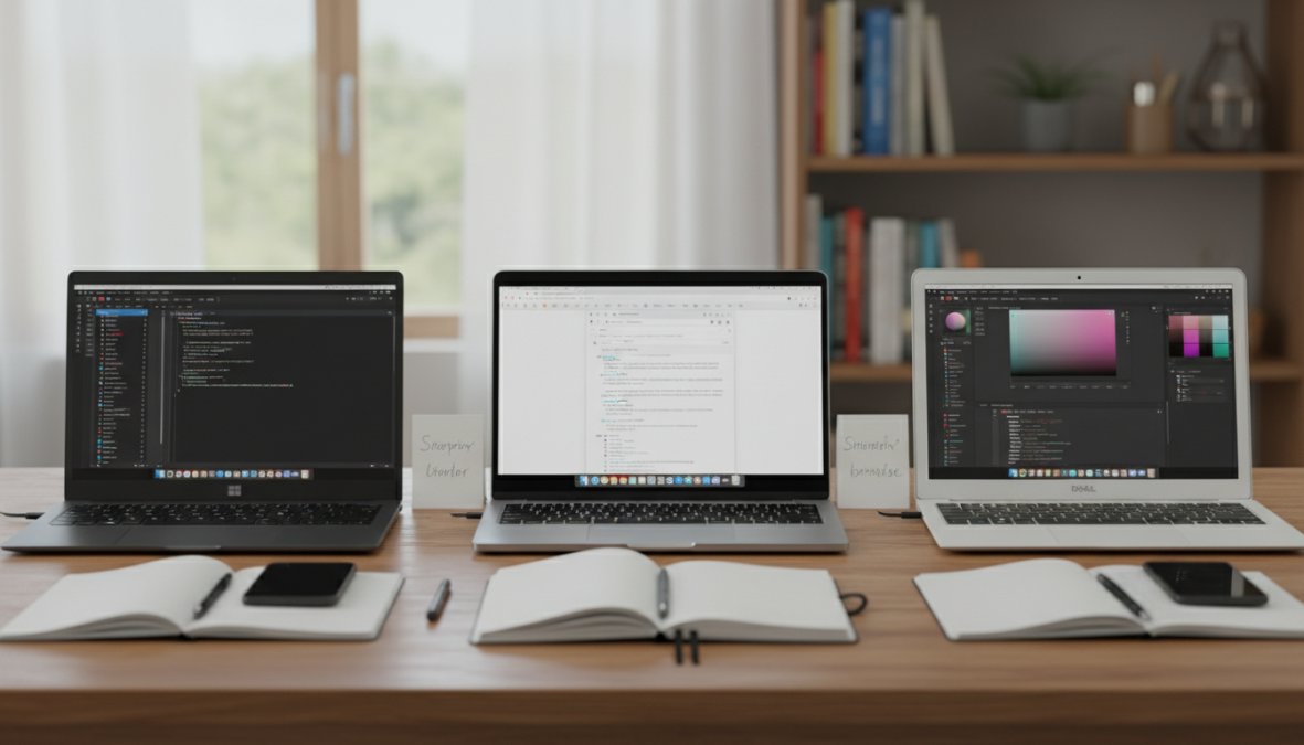 A content marketer sitting at a clean modern desk with a laptop open, reviewing multiple browser tabs showing different AI writing tools, a coffee mug nearby, warm natural light coming through a large window