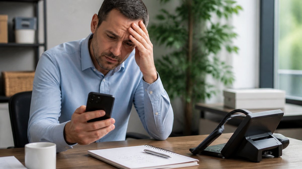 Small business owner at desk looking frustrated while reviewing missed call notifications on smartphone, with calendar and notepad visible, natural office lighting