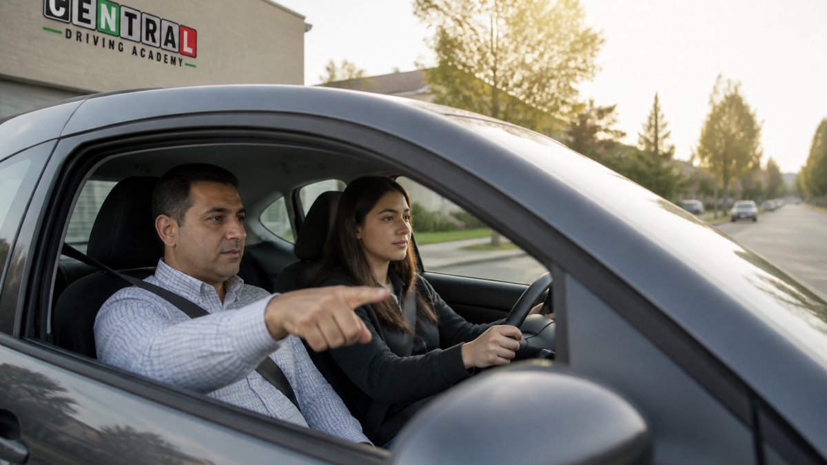 A patient driving instructor sitting beside a young beginner driver in a car, pointing toward the road ahead on a quiet suburban street in soft afternoon light