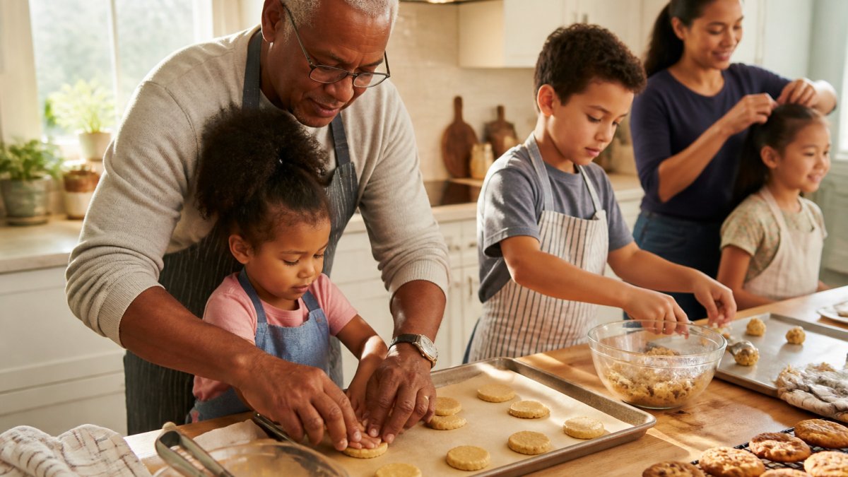 Grandfather and children baking cookies together in a sunlit kitchen