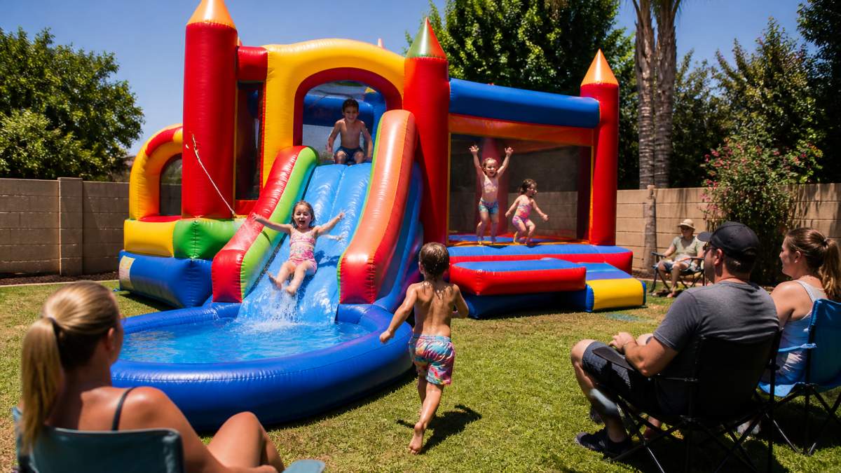 Children laughing on a colorful bounce house slide combo at a sunny backyard birthday party with parents watching