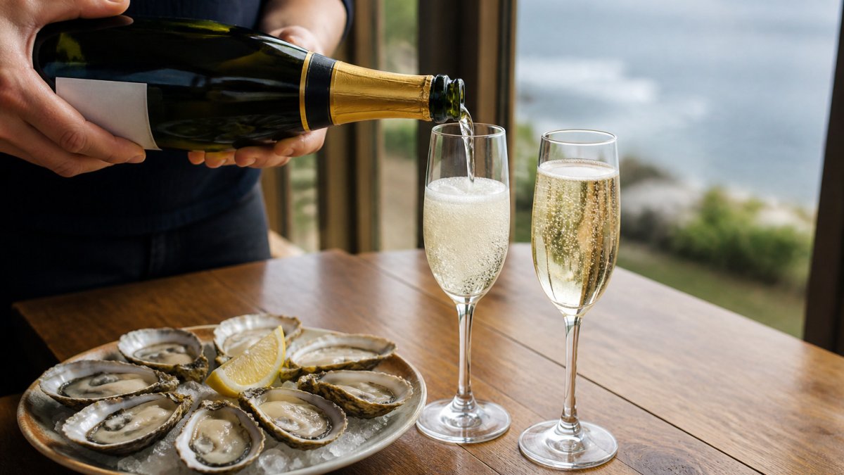 Infographic illustrating ideal food pairings for chilled English sparkling wine with fresh oysters