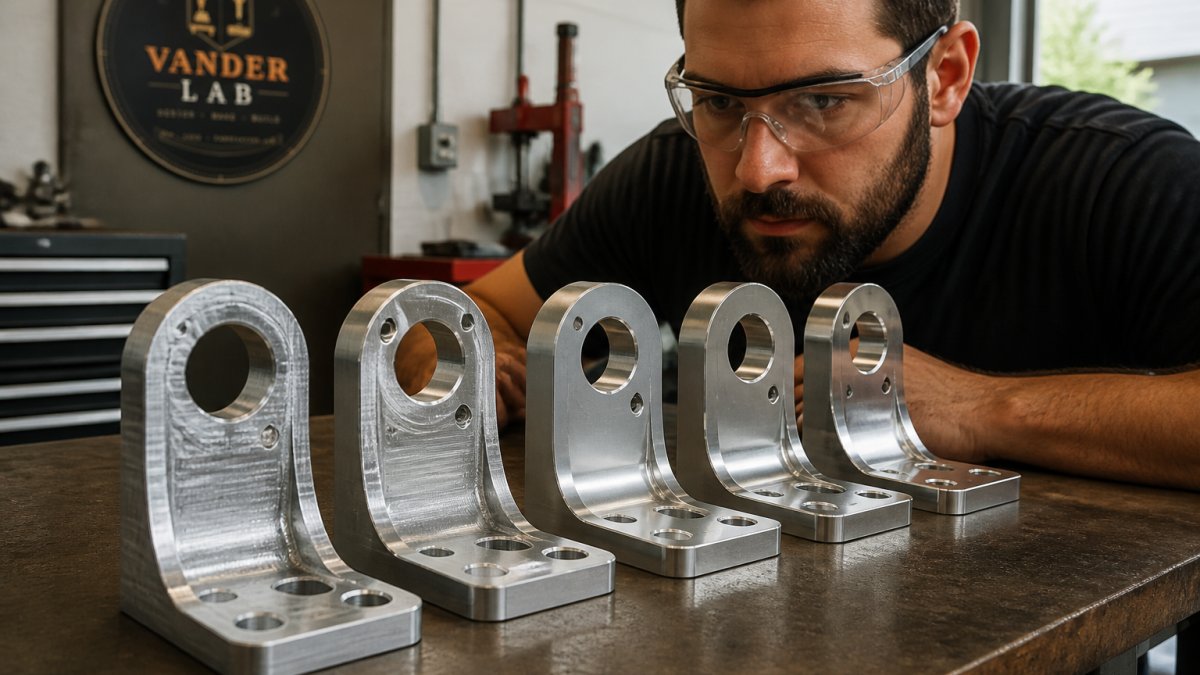 Machinist inspecting aluminum brackets to evaluate various CNC machining finishes in a metal workshop.