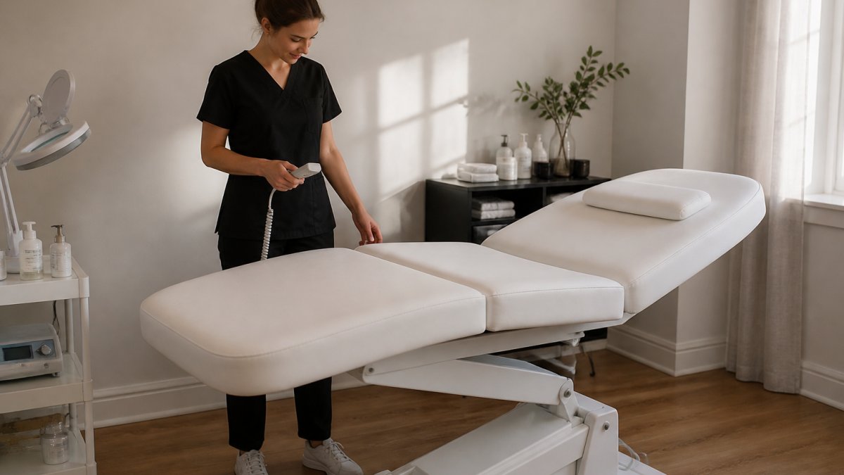 An esthetician in a small treatment room standing beside a white electric treatment table, checking the height adjustment with a handheld remote, soft window light on the wall