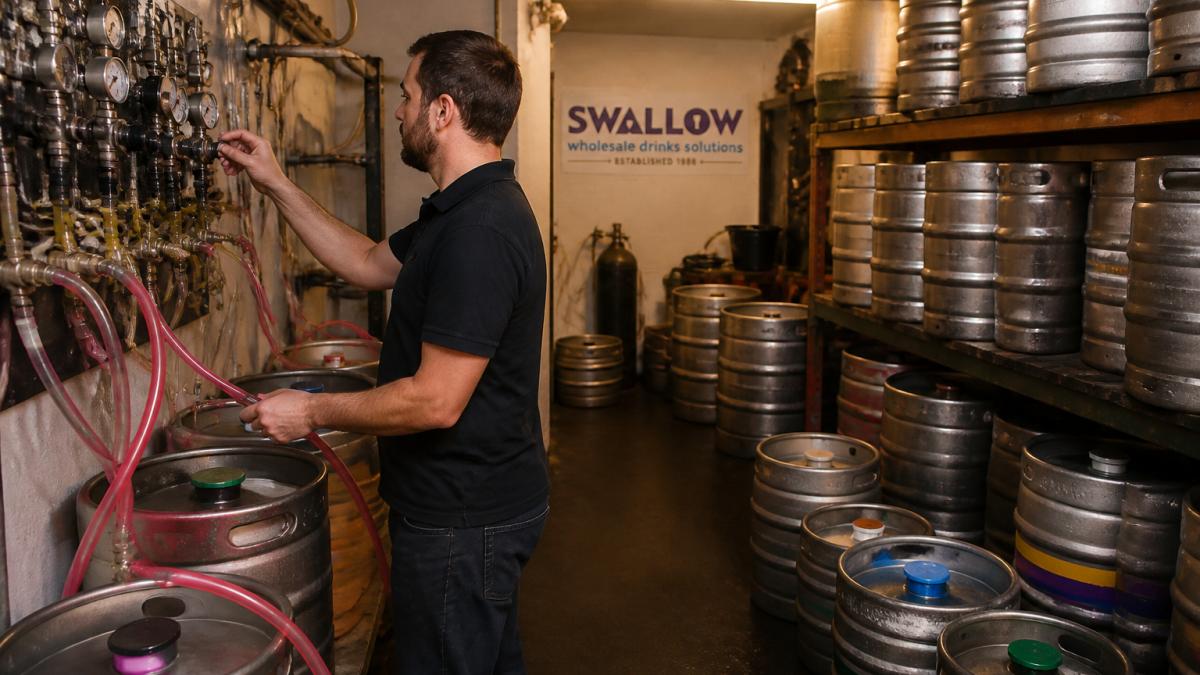 A pub cellar with a bar manager checking keg lines and temperature gauges, stainless steel casks stacked neatly, warm practical lighting