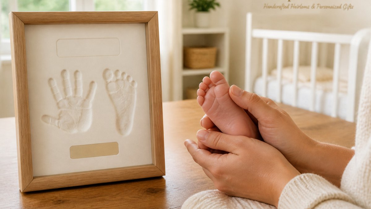 Infographic process showing steps to create a framed handprint and footprint keepsake for a newborn baby