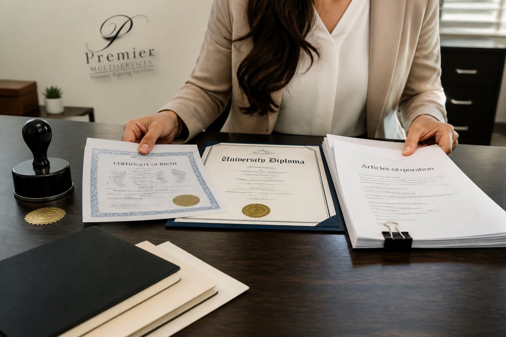 Hands organizing a birth certificate, diploma, and business papers for which documents are required to be apostilled.