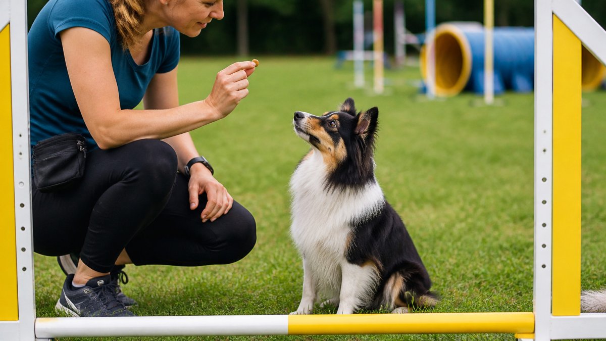 Handler holding small soft treats for a dog at the start of an agility course
