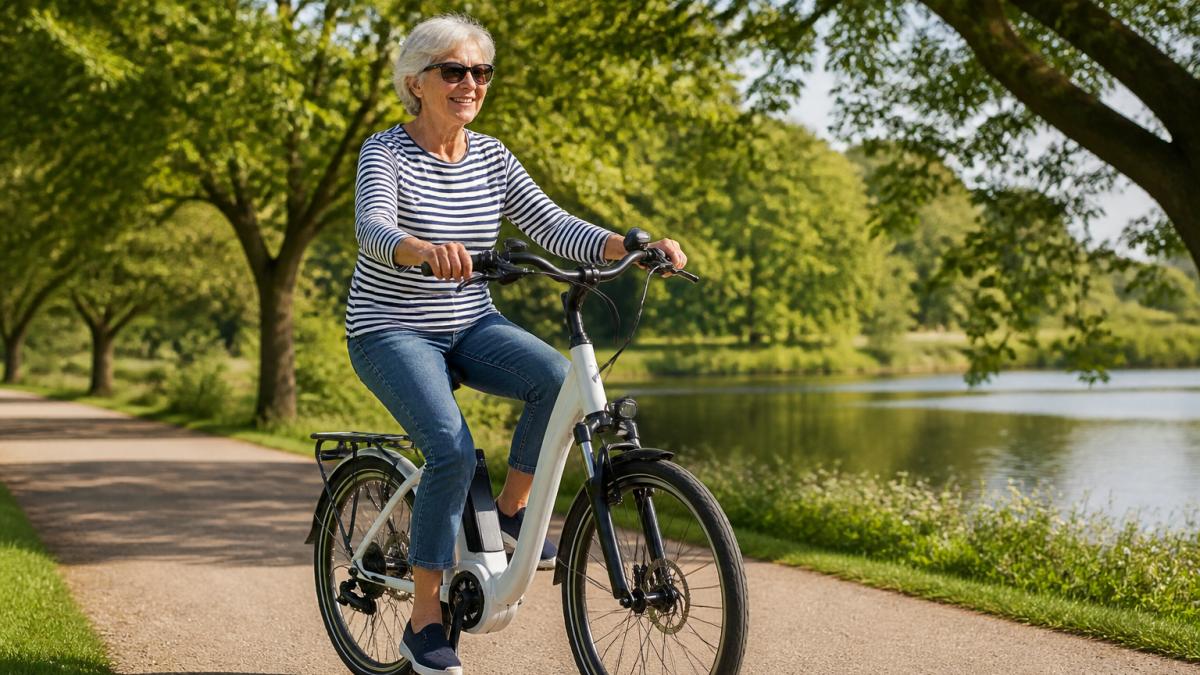 Active senior smiling while cycling a step-through electric bike along a scenic tree-lined path