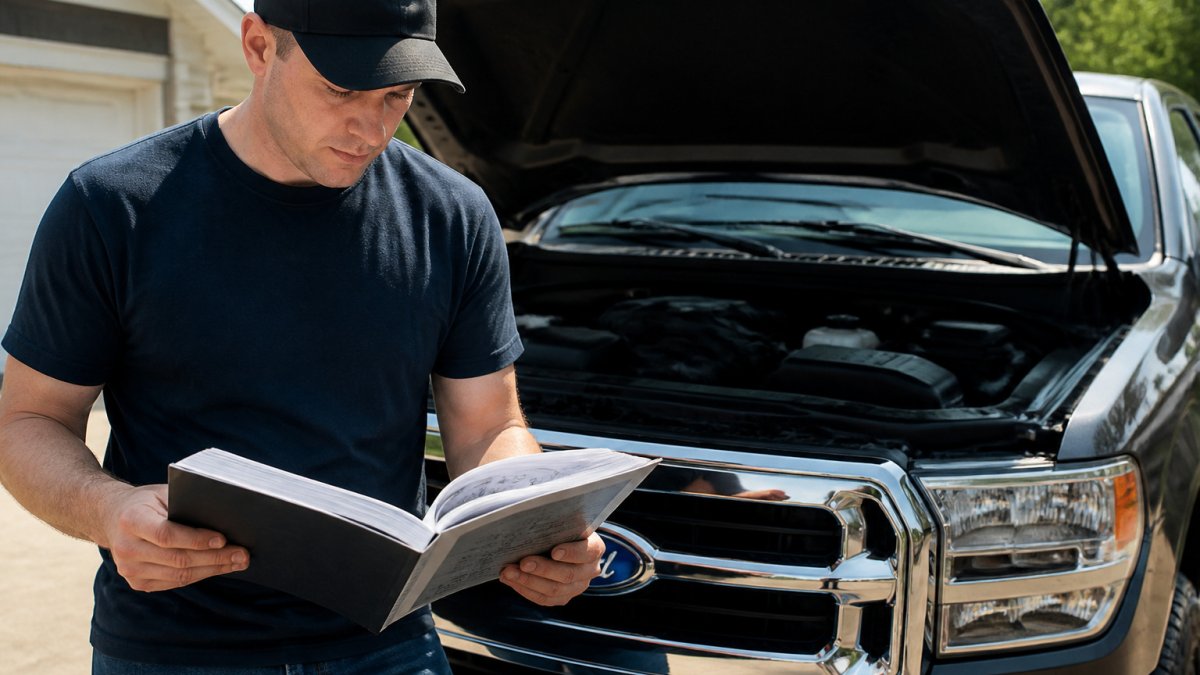 Truck owner checking the owner's manual for ford truck oil specifications under the hood of a pickup.